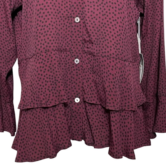 Habitat Clothes to Live In Double Flounce Top Peplum Ruffle Hem Tunic Wine Dot L - Picture 5 of 10